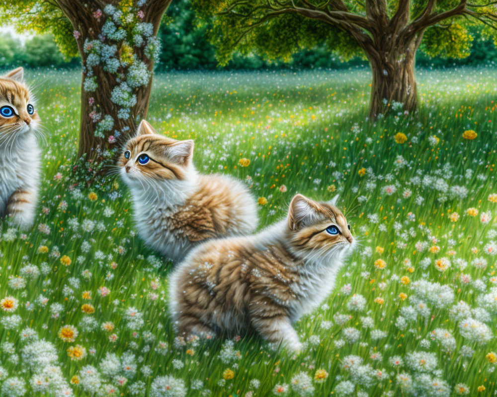 Three Kittens Exploring a Sunlit Meadow with Flowers