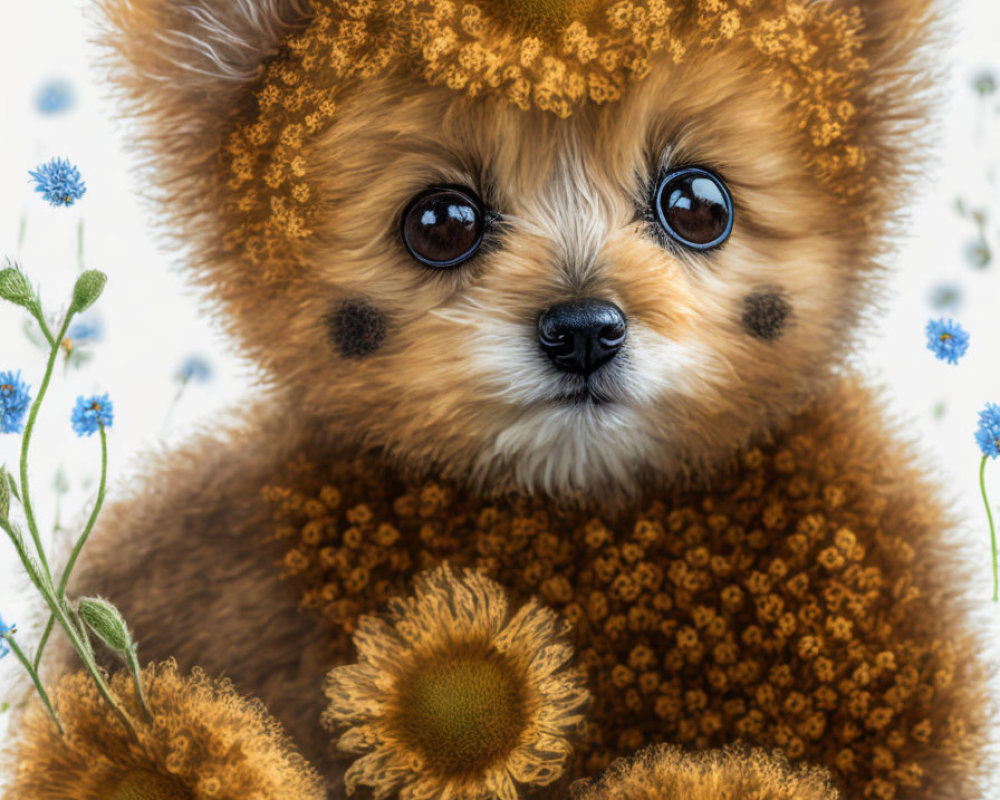 Fluffy Bear-like Creature Surrounded by Blue Flowers