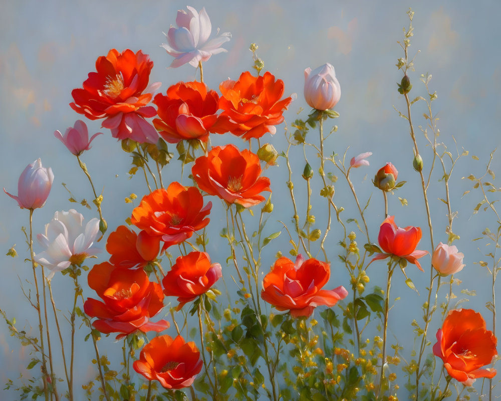 Vibrant Bouquet of Red Poppies and Pink Blossoms