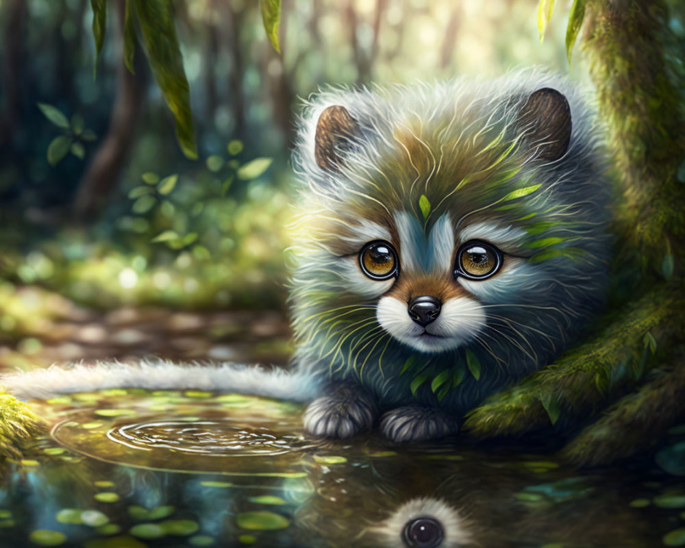 Whimsical Furry Creature by Woodland Pond