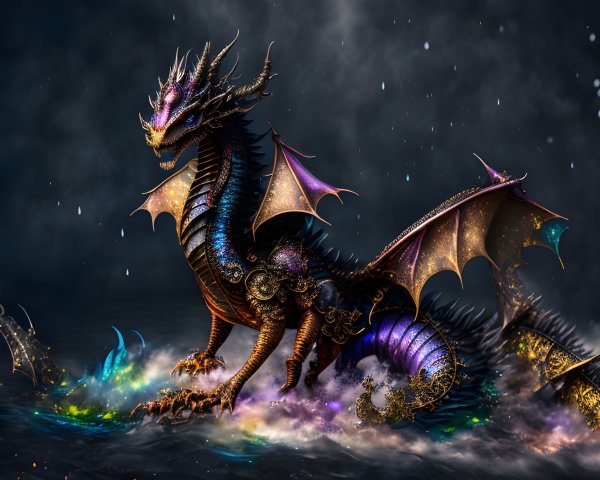 Majestic Dragon in Mist with Vibrant Colors and Patterns