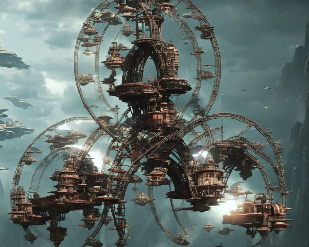 Futuristic cityscape with circular structures and mist