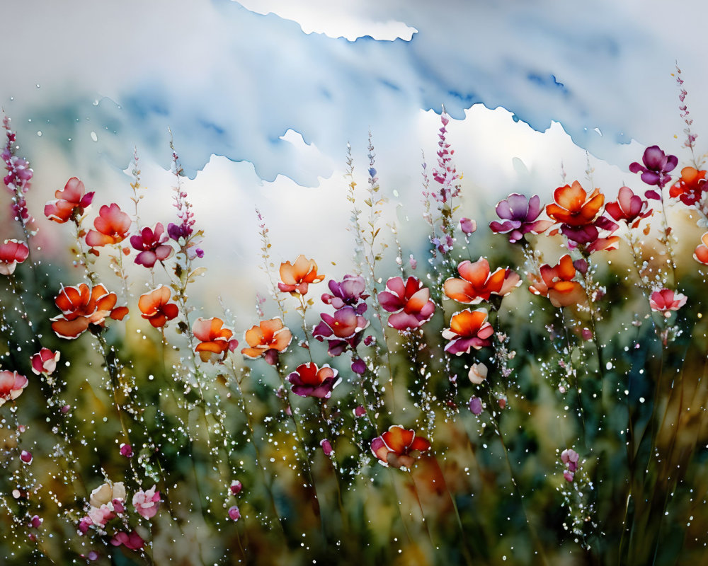 Vibrant Meadow with Colorful Flowers and Serene Sky