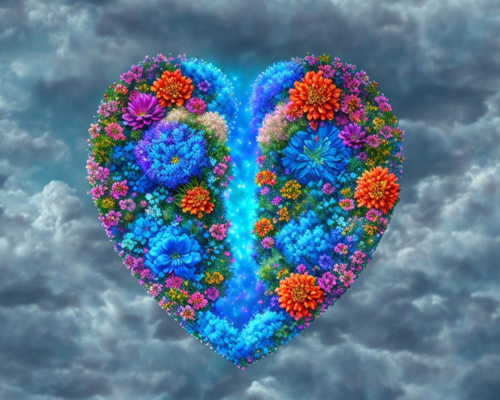 Vibrant Heart-Shaped Flower Arrangement in Clouds
