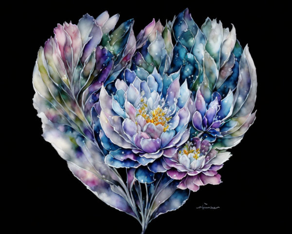 Vibrant Watercolor Floral Heart on Black Background