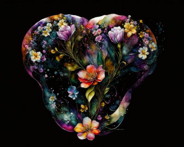 Vibrant Heart-Shaped Floral Design on Black Background
