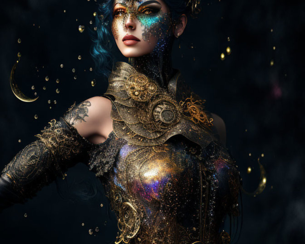 Intricate Steampunk Armor with Blue Hair and Markings