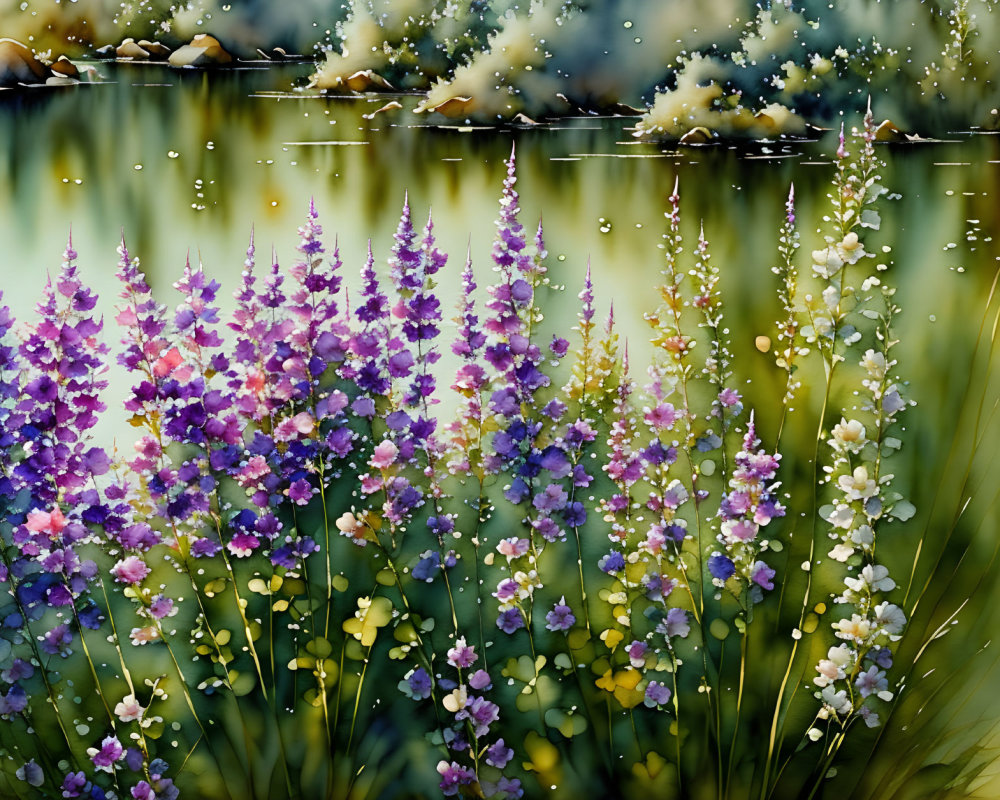 Vibrant Watercolor Landscape with Blooming Flowers