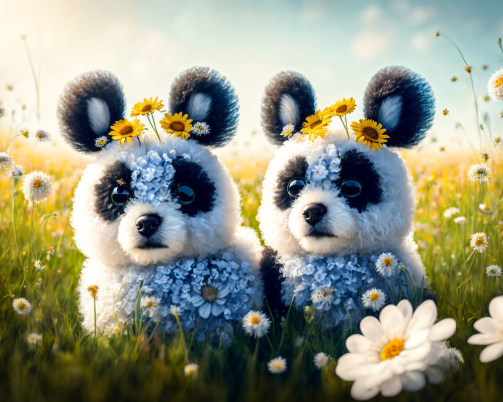 Stuffed Panda Dogs in a Colorful Wildflower Field