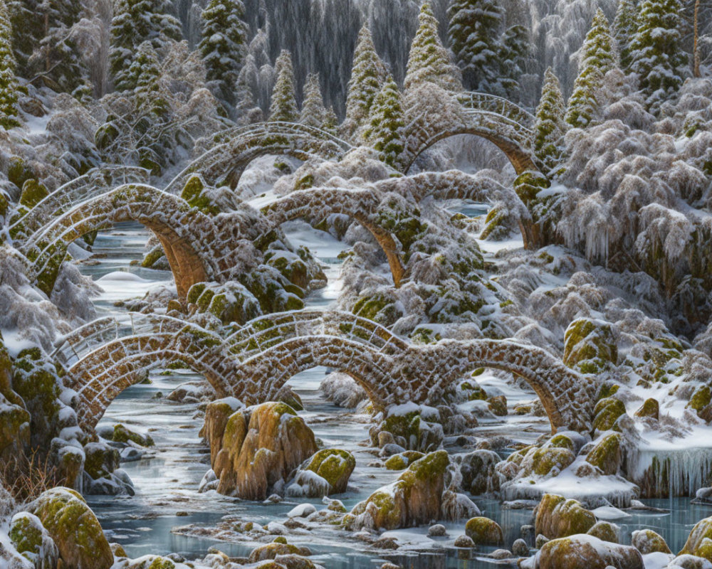 Serene Winter Landscape with Stone Bridges and River