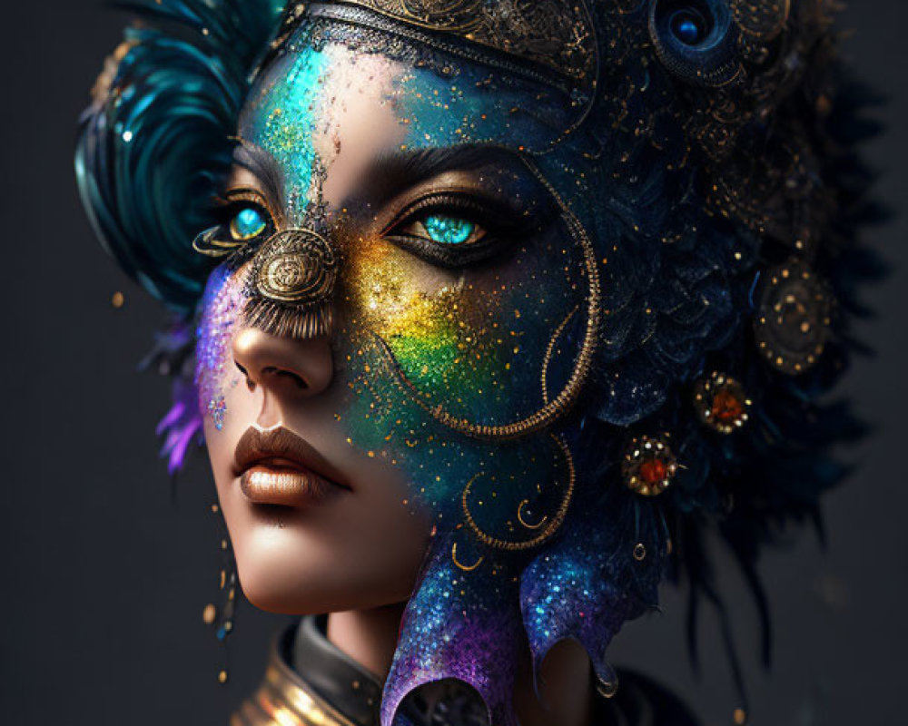 Character with Ornate Helmet and Colorful Face Paint