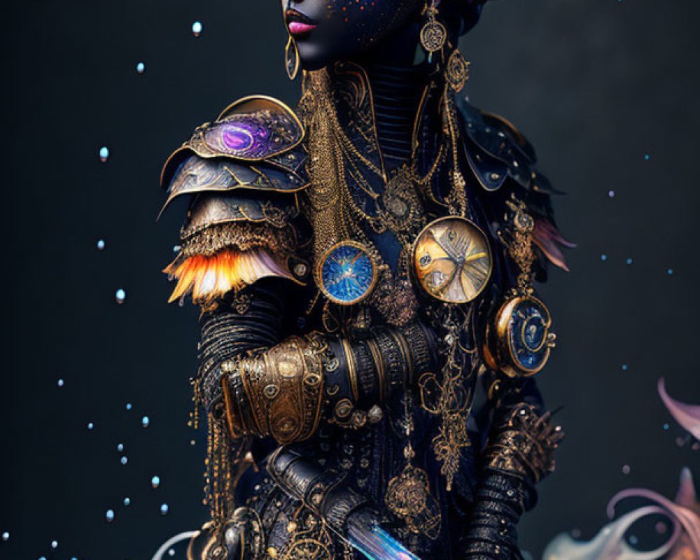 Fantastical warrior in vibrant armor with glowing sword