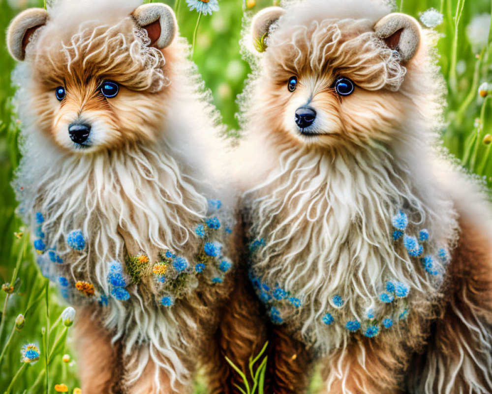 Fluffy Puppies in a Colorful Flower Meadow