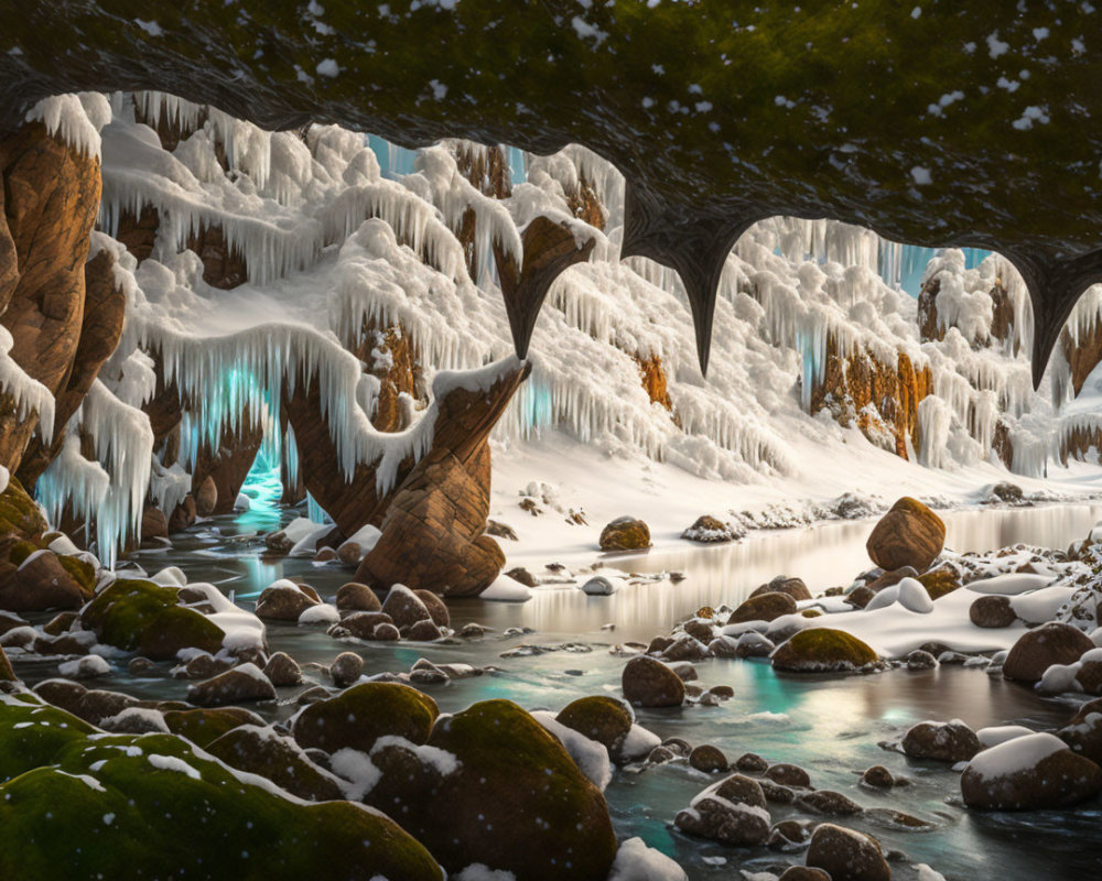 Serene Winter Landscape in a Rocky Cavern