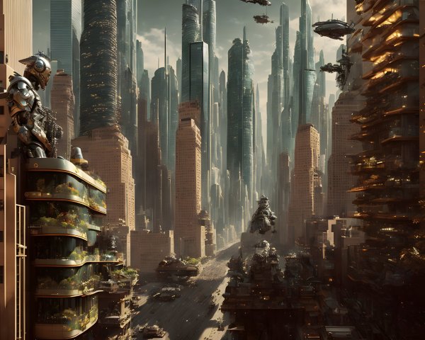 Futuristic cityscape with skyscrapers and flying vehicles