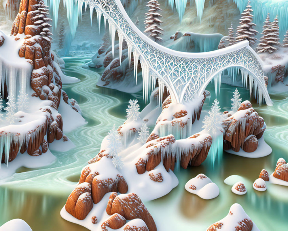 Serene Winter Landscape with Frozen River and Bridge