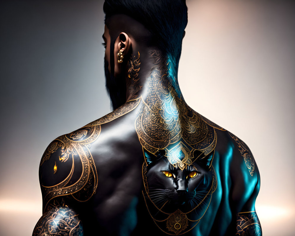 Intricate Back Tattoo Featuring Black Cat and Patterns