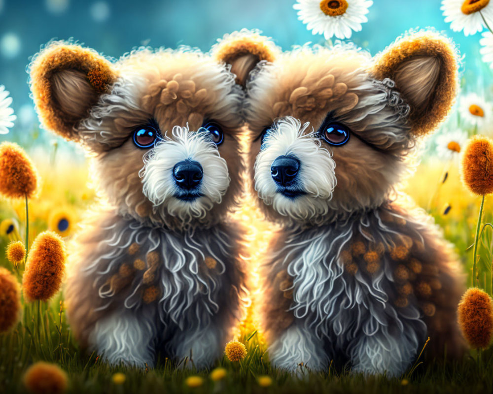 Puppies in a Flower Field with Soft Blue Background