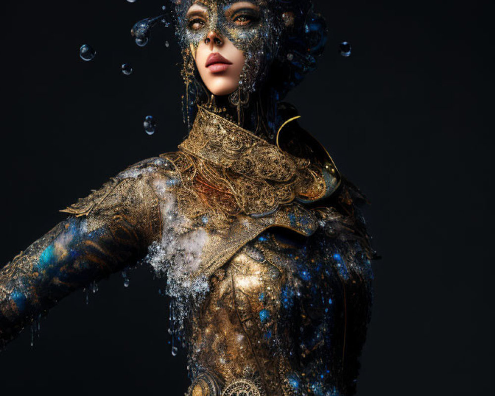 Ornate Figure in Metallic Clothing with Cosmic Elements