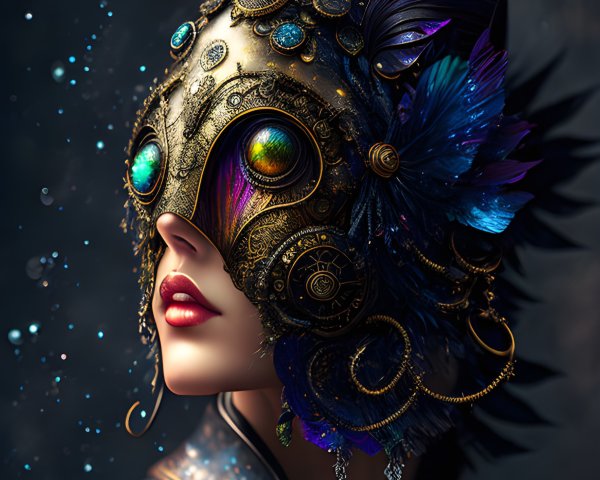 Intricate Mask with Metallic Designs and Gemstones