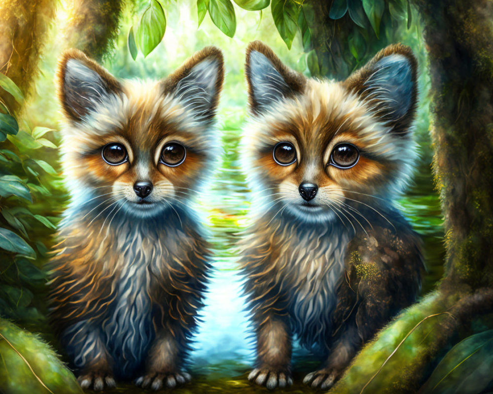 Fox Cubs in a Lush Green Natural Setting