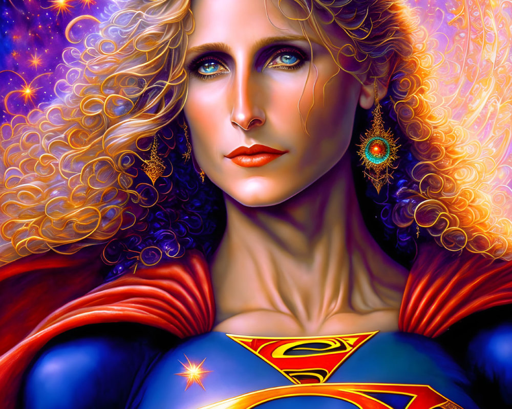 Superheroine in Blue and Red Suit with Cosmic Background