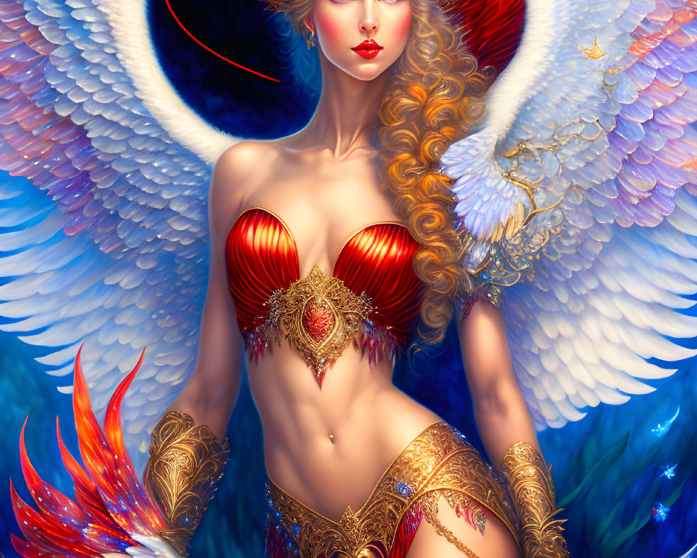 Fantasy Figure with Wings in Red and Gold Outfit