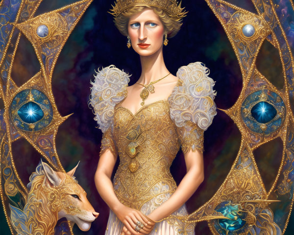 Regal figure in golden gown with lion's head and jewels