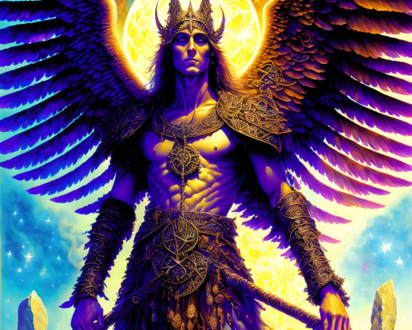Majestic Winged Figure in Cosmic Armor Scene