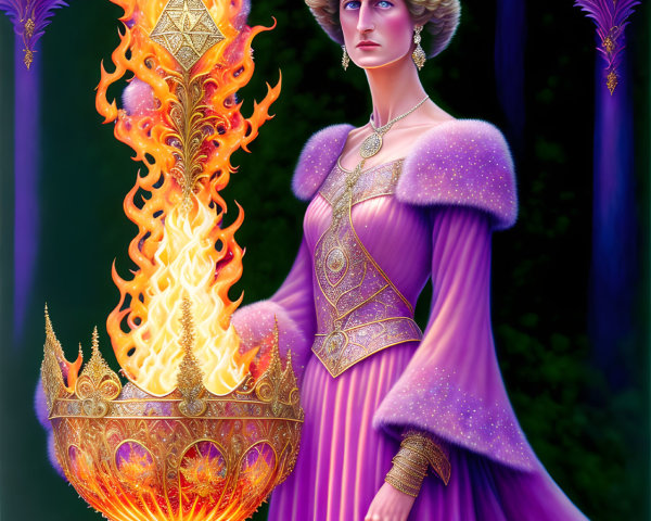 Regal figure in purple gown with gold cauldron flames