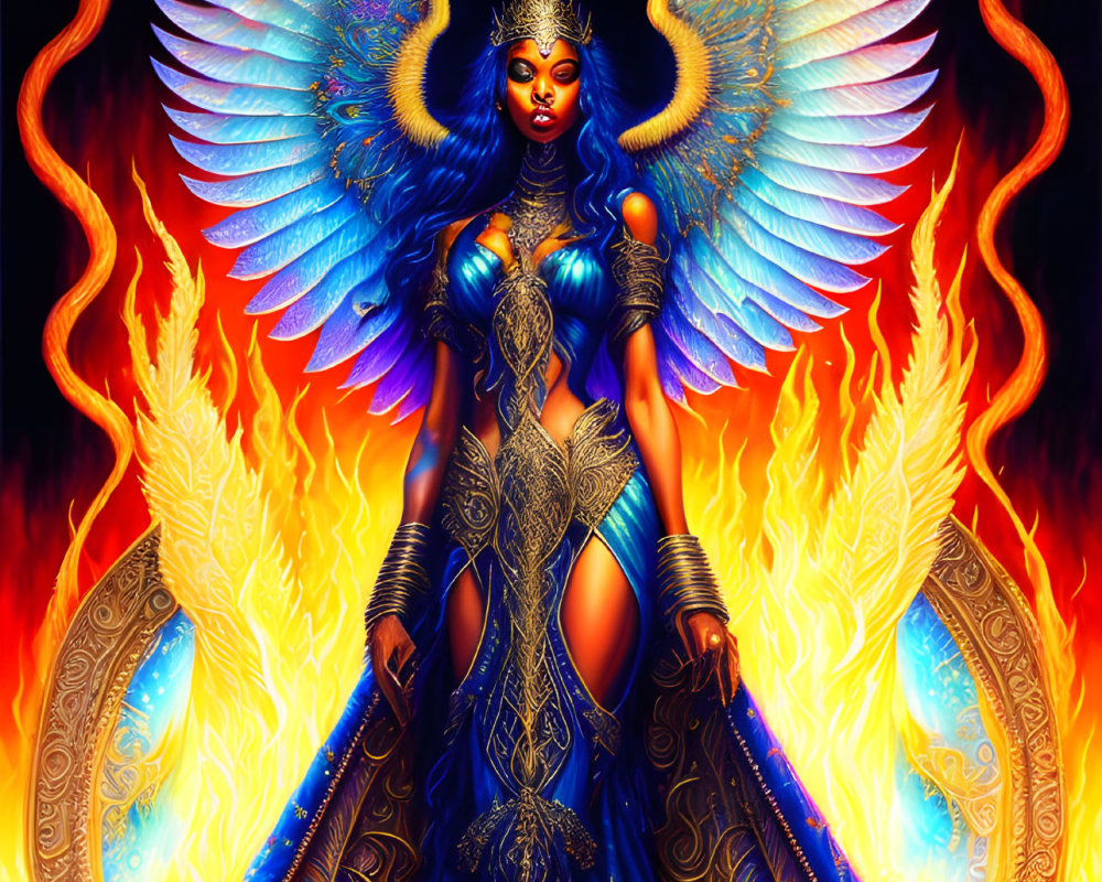 Ethereal Figure with Luminescent Wings in Flames