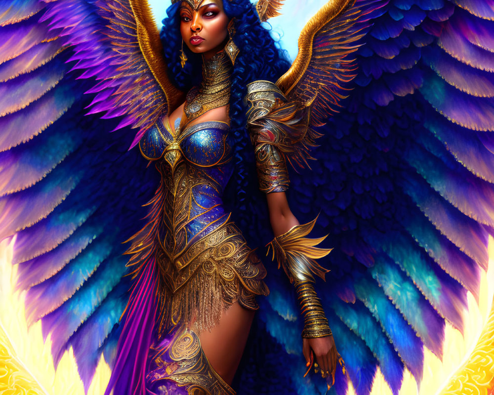 Mythical goddess in ornate armor with blue wings