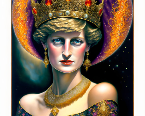Regal figure in ornate crown and elegant black gown