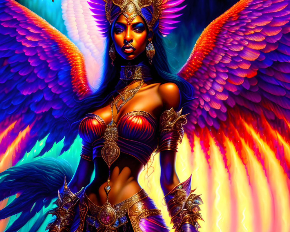 Majestic armored figure with vibrant wings and crown