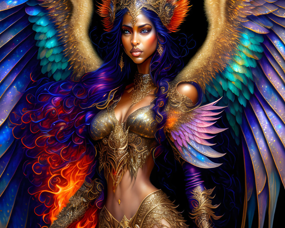 Majestic figure with blue and purple feathers and wings