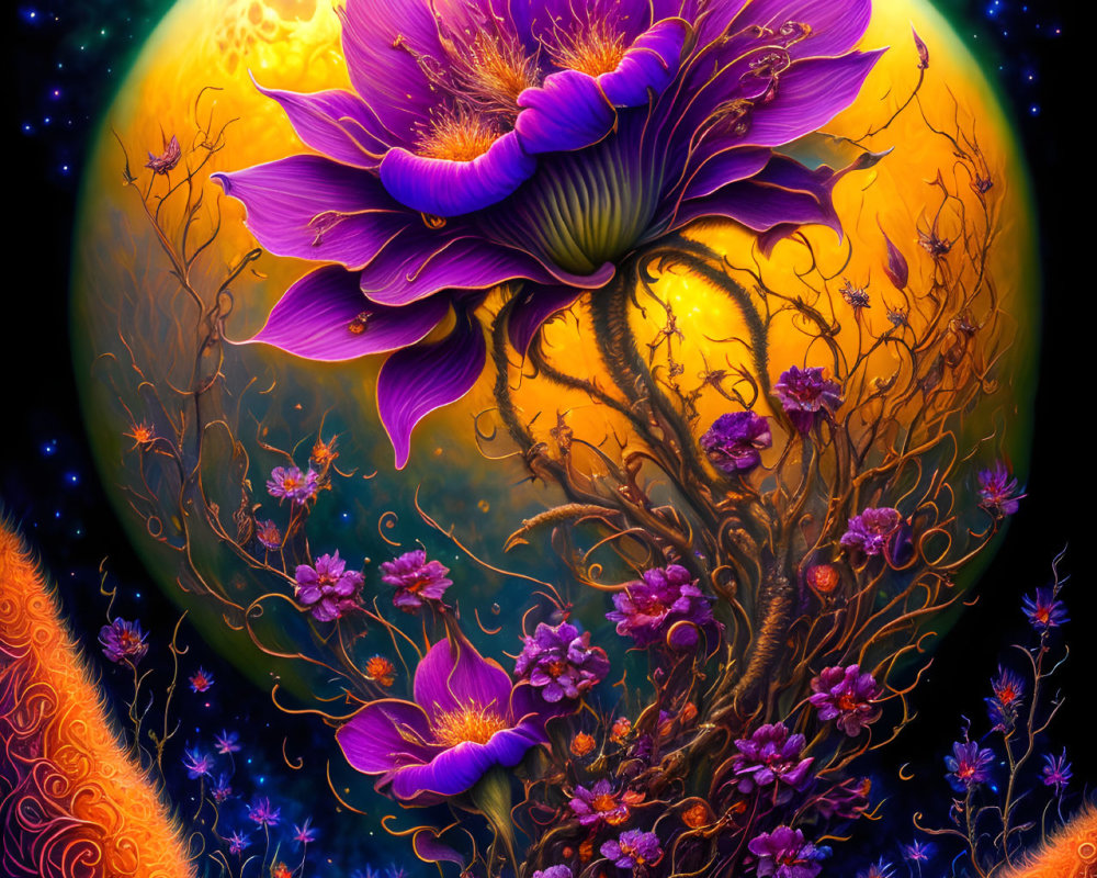 Surreal Scene of Purple Flower and Orange Moon
