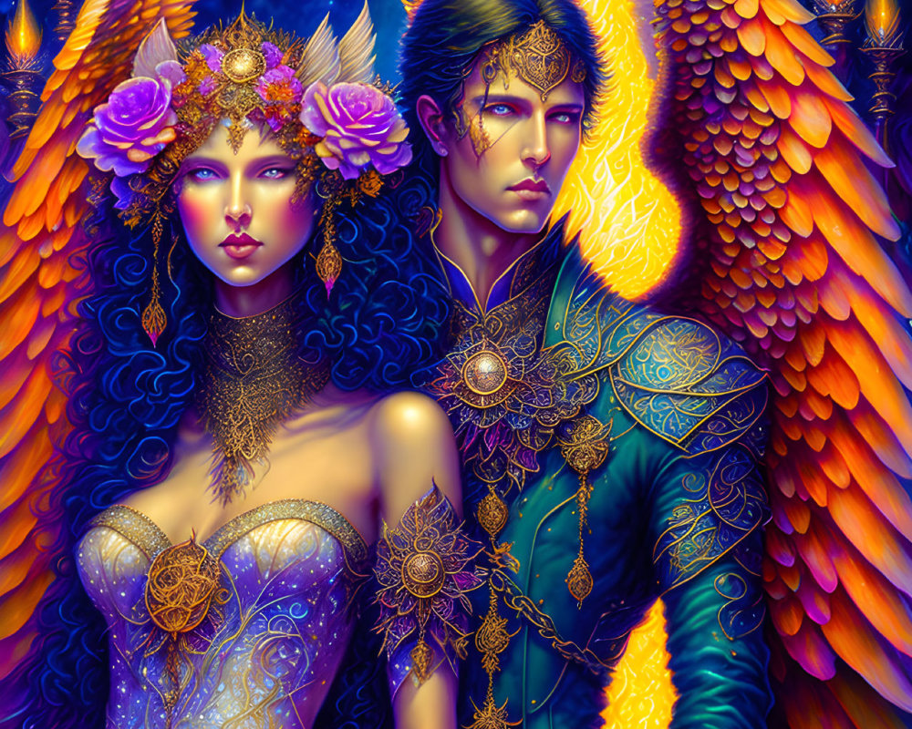 Celestial Couple with Flowing Hair and Majestic Wings