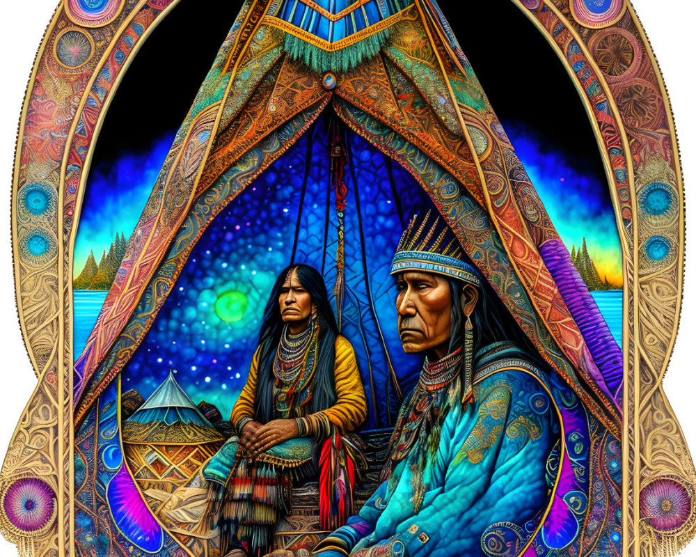 Colorful Native American figures in traditional attire against cosmic mandala background