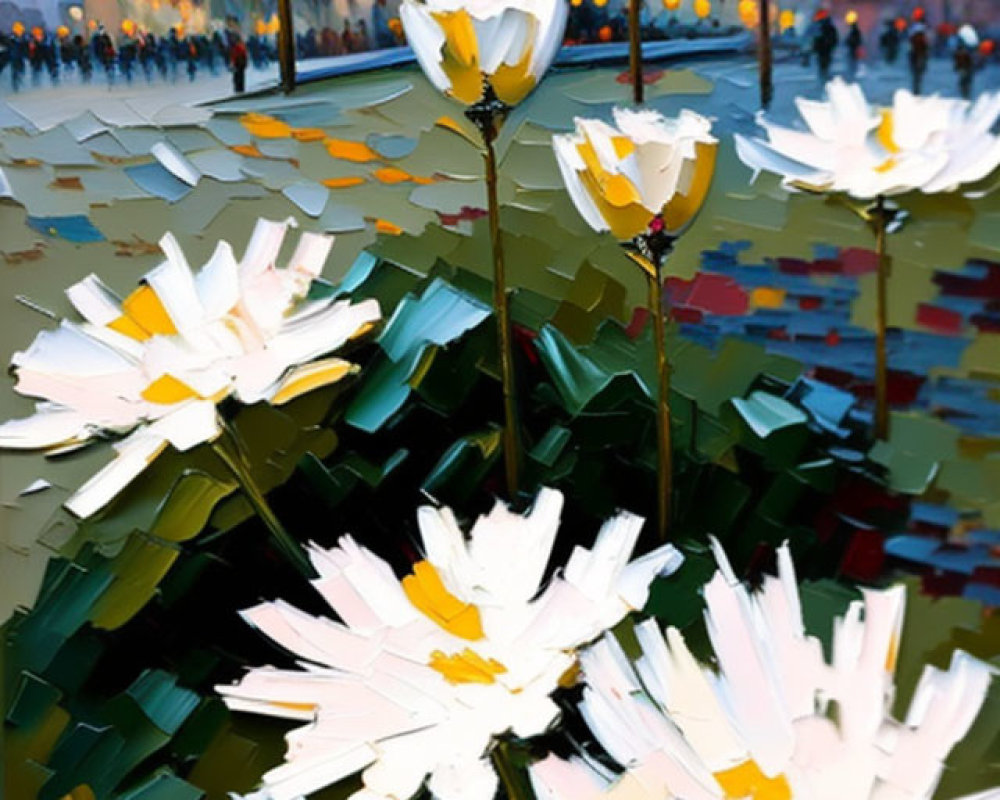 Vibrant Landscape with White Flowers and Twilight Hues