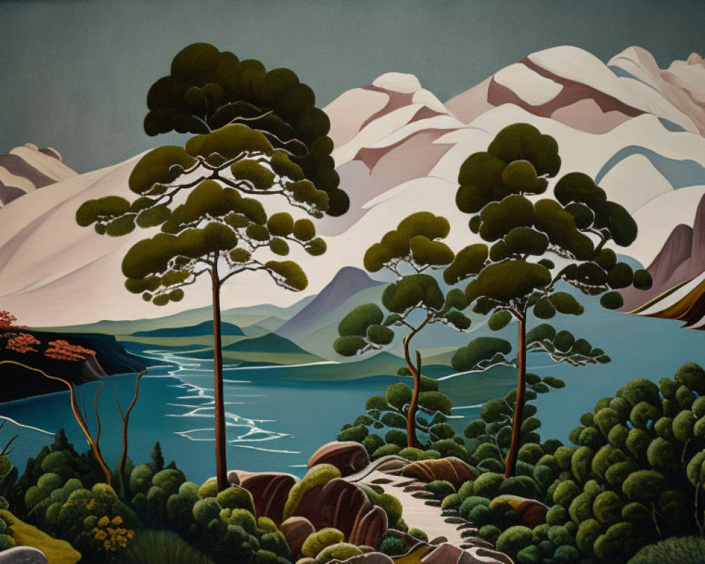 Serene Landscape with Snow-Capped Mountains and Lake