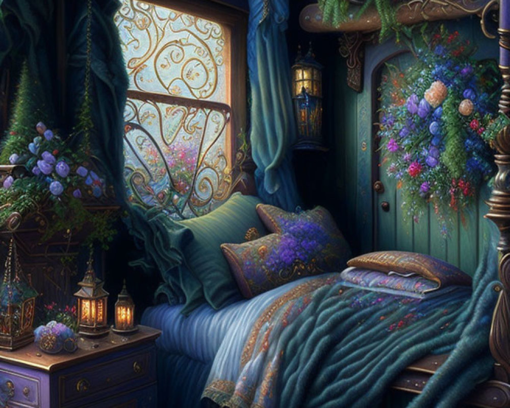 Cozy Enchanting Bedroom with Teal and Purple Hues