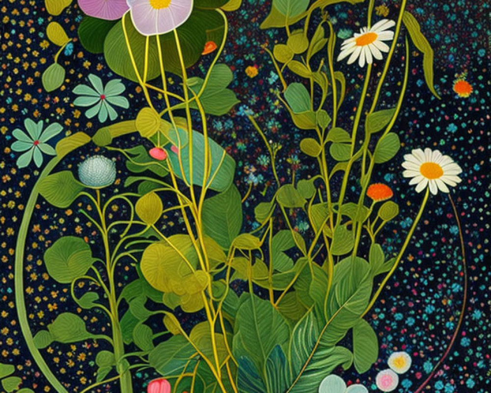 Vibrant Floral Arrangement with Daisies and Leaves