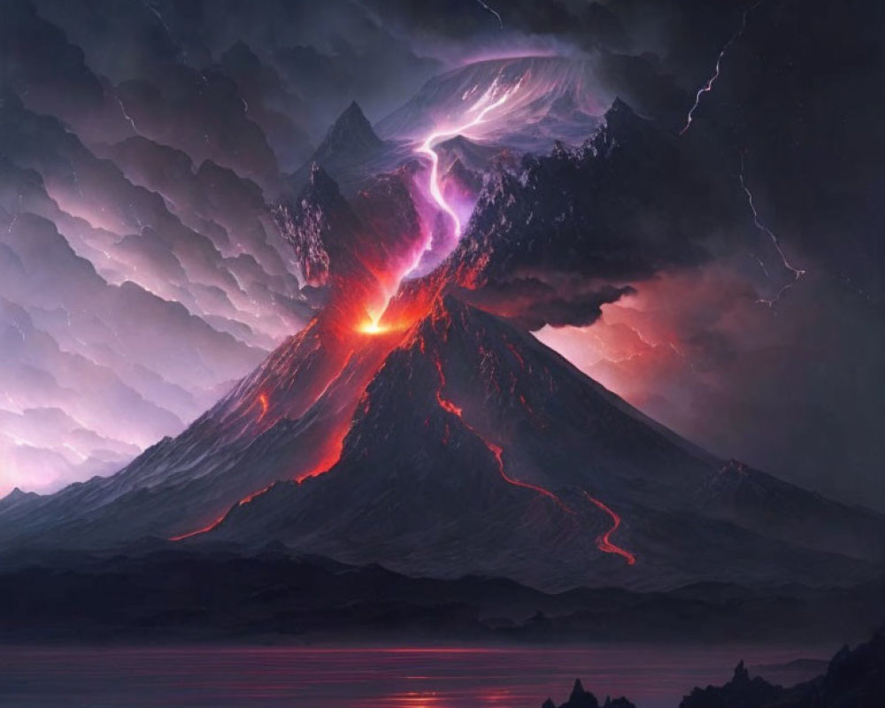 Dramatic Volcanic Landscape with Fiery Lava Flows