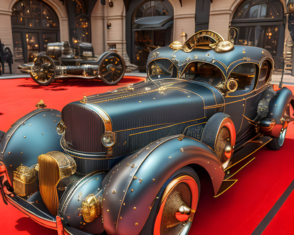 Vintage Car on Red Carpet with Elegant Architecture