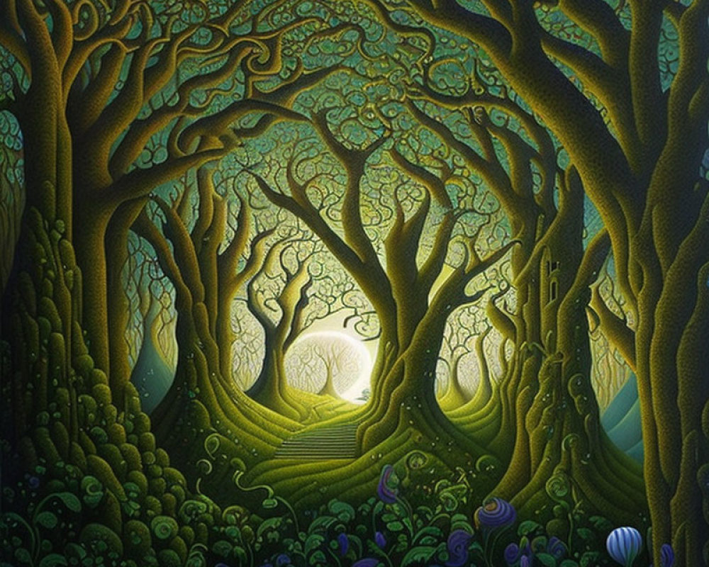 Surreal Forest Scene with Twisted Trees and Foliage