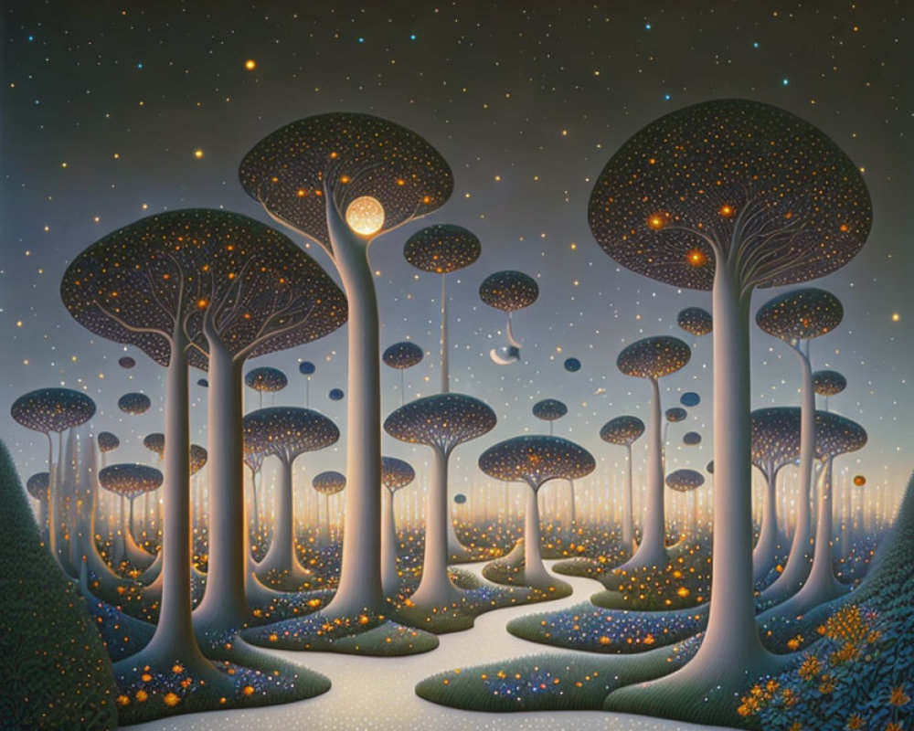 Surreal Landscape with Glowing Trees and Twilight Sky