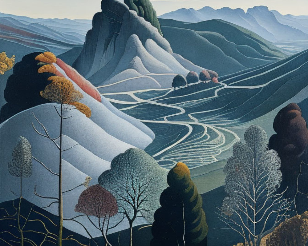 Serene Landscape with Stylized Hills and River