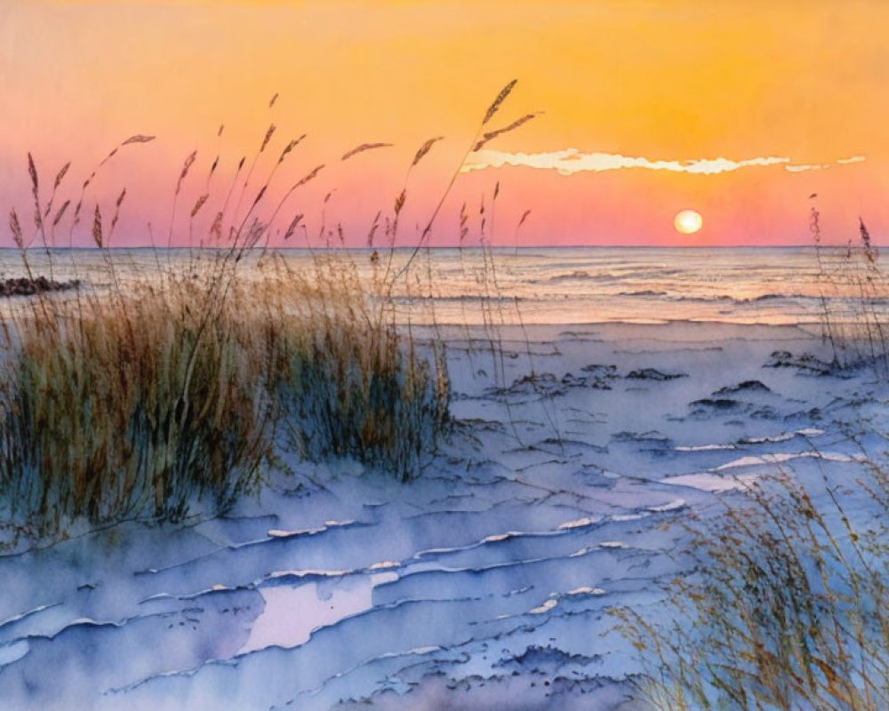 Serene Beach Sunset with Soft Waves and Silhouettes
