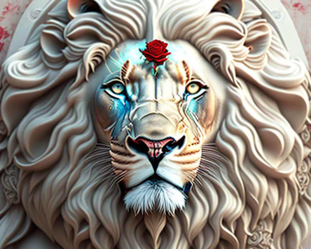 Intricate Lion's Head Sculpture with Rose Detail