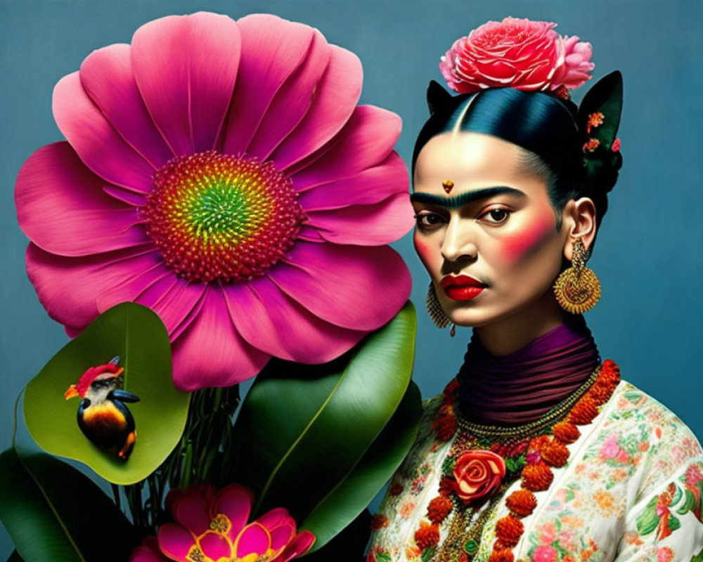 Woman with floral headpiece and traditional earrings in front of pink flower and bird on leaf.